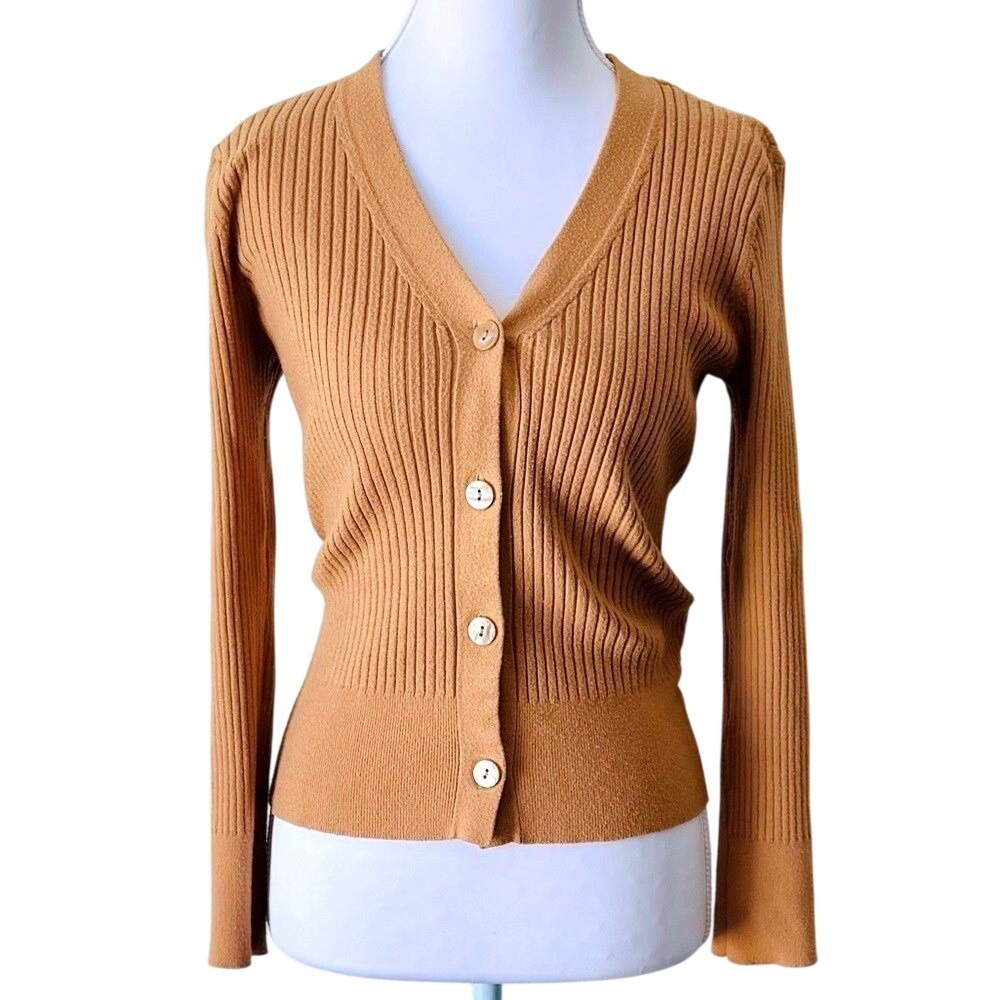A New Day Ribbed Cardigan V-Neck Camel Beige Size Small